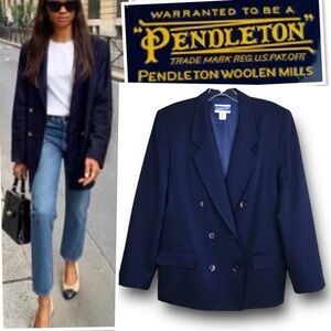 Pendleton Virgin Wool Pea Coat Blazer Navy Blue Double Breasted Jacket USA Sz 14